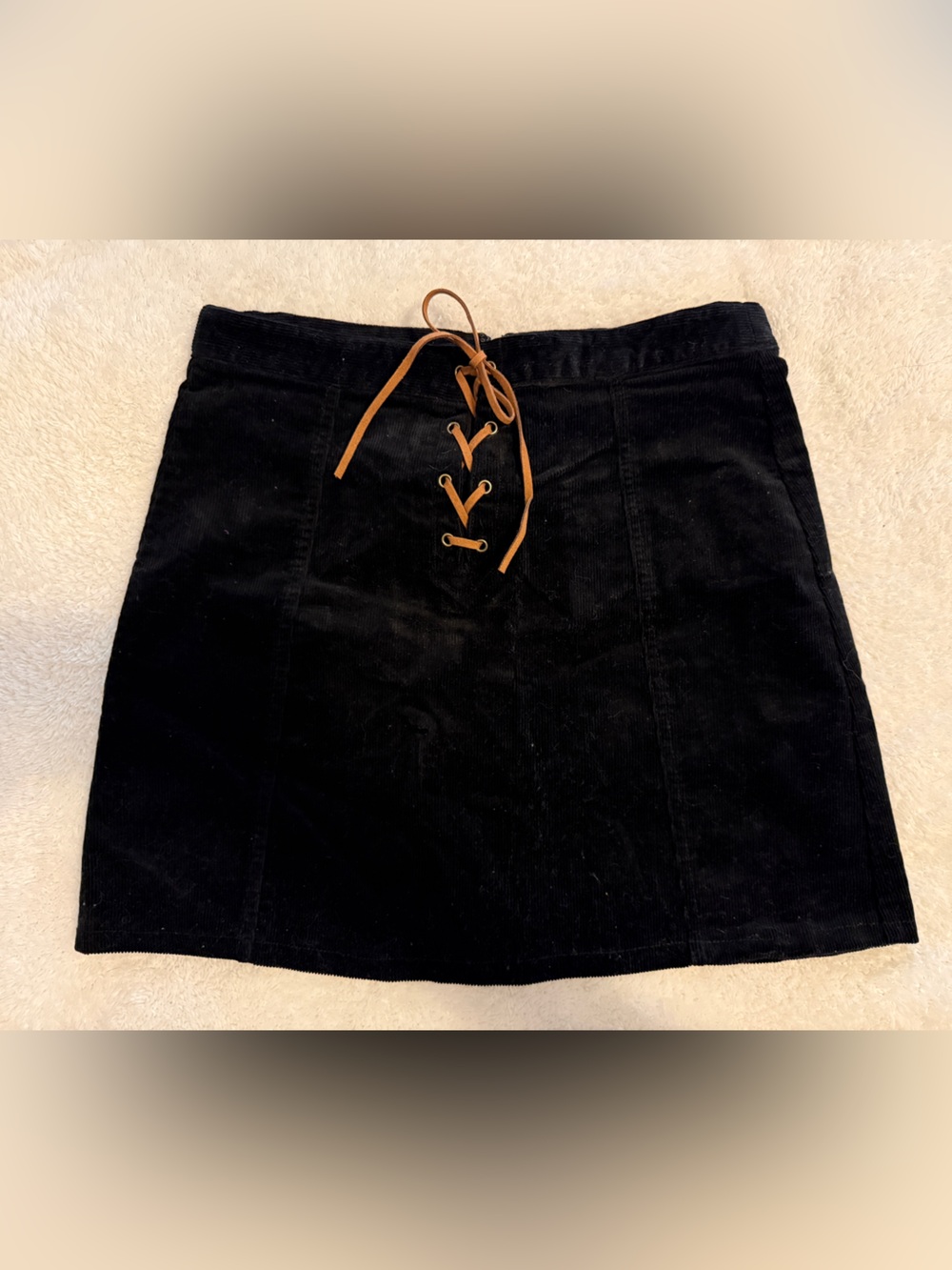 Forever 21 Black Corduroy Mini Skirt with Brown Lace-Up Detail